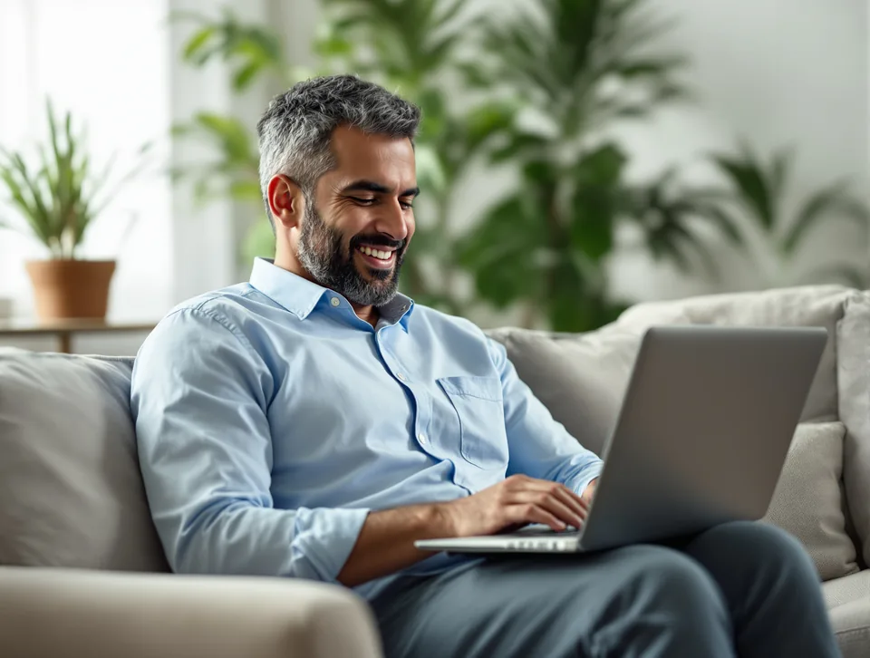 Smiling man reviewing options on a laptop while sitting on his sofa at home
